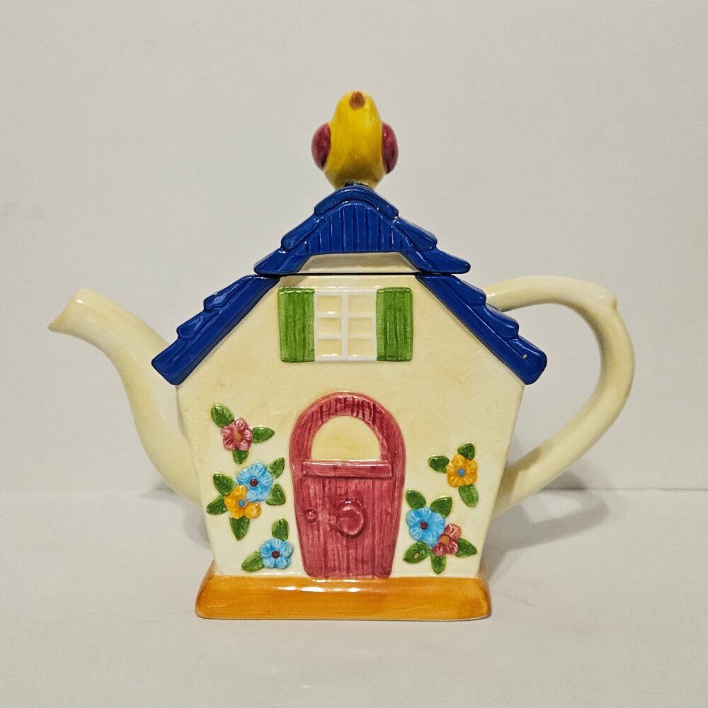 Cooks Club Bird & House Tea Pot Blue Roof Yellow Bird Collectors Item